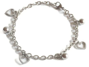 Pulsera de acero quirurgico eslabon tifanni con dijes bolitas y corazones 18cm